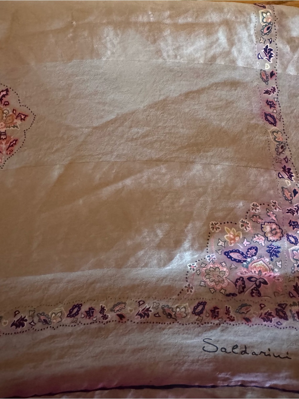 Saldarini Floral Border Silk Wrap Scarf - Beige & Purple